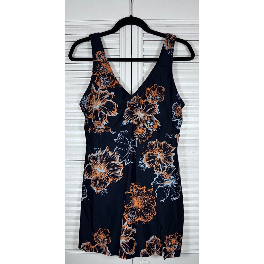 Bonprix BPC Floral Swimdress Black Orange Hibiscus One Piece Skirt US 12 *FLAW*
